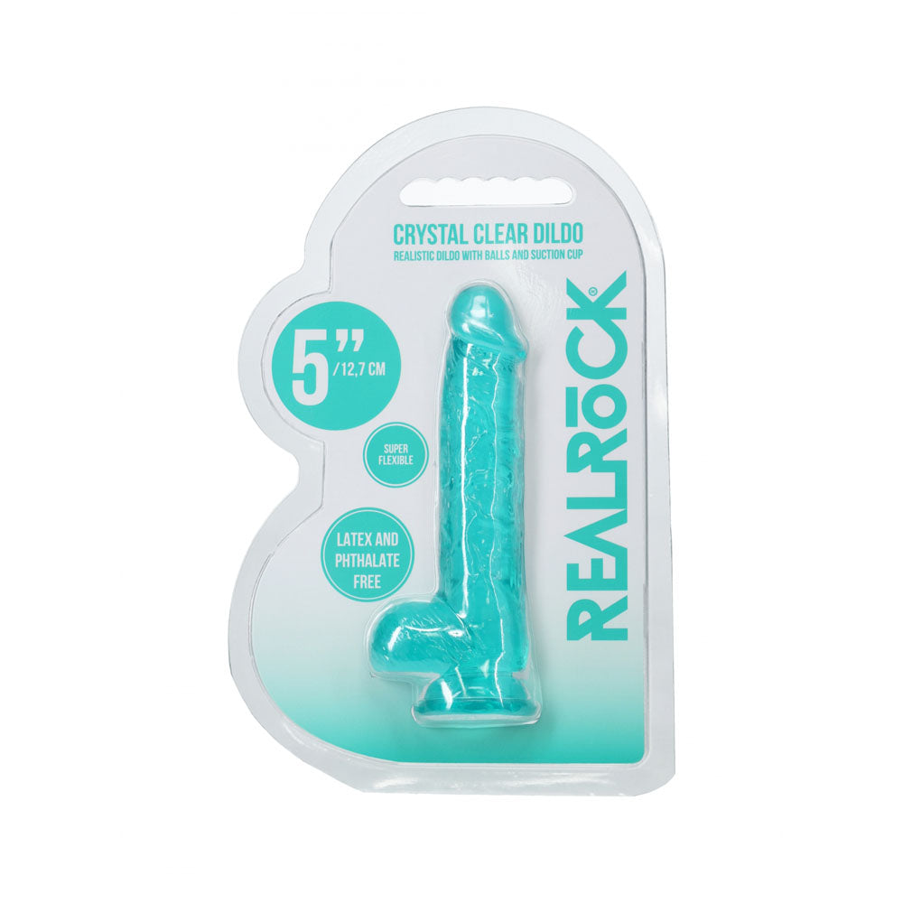 REALROCK 5 Crystal Clear Dildo with Balls - Turquoise - Clear Turquoise 14.7 cm Dong - REA208TUR