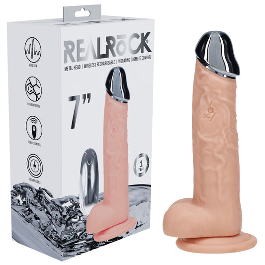 REALROCK Metal Head 7 Rechargeable Dildo - Flesh - Flesh 19 cm USB Rechargeable Vibrating Dildo with Metal Head and Wireless Remote - REA210FLE