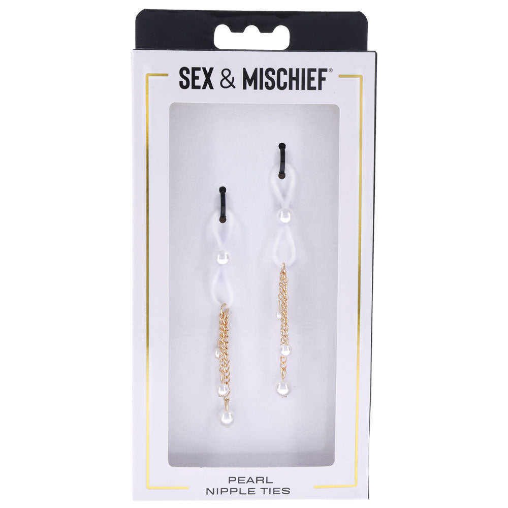 Sex & Mischief Pearl Nipple Ties - Gold/Pearl Nipple Restraints - Set of 2-SS09858