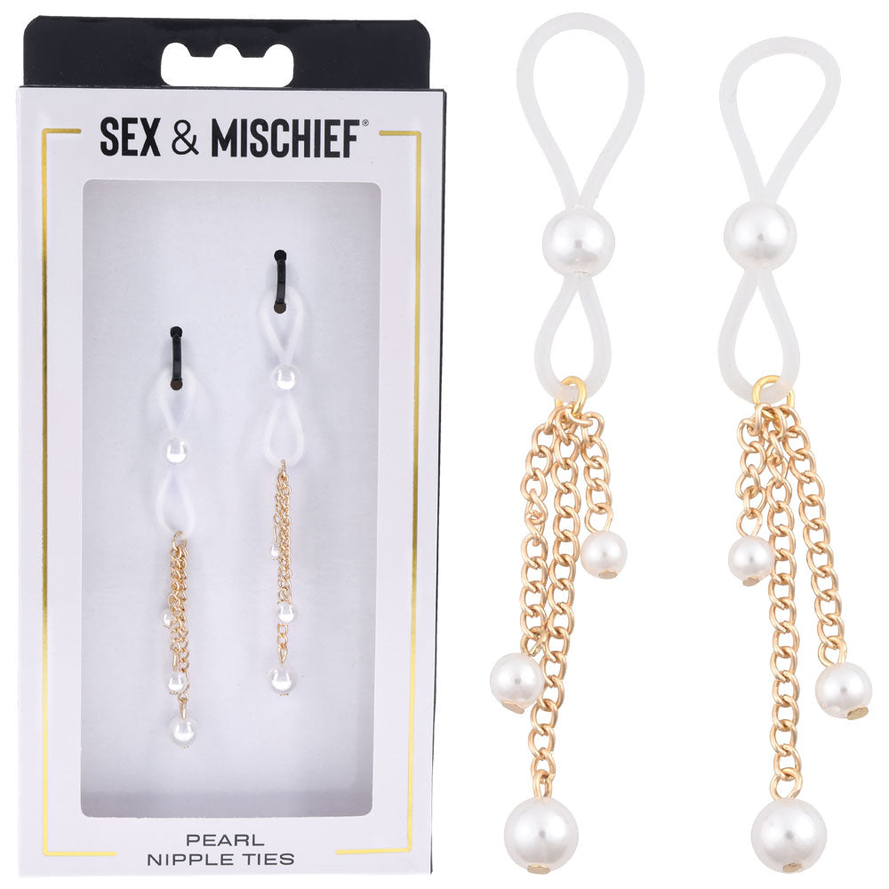 Sex & Mischief Pearl Nipple Ties - Gold/Pearl Nipple Restraints - Set of 2-SS09858