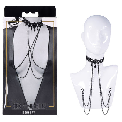 Sex & Mischief Lace Collar with Nipple Ties - Black Neck and Nipple Restraints-SS10104
