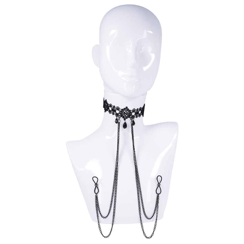 Sex & Mischief Lace Collar with Nipple Ties - Black Neck and Nipple Restraints-SS10104