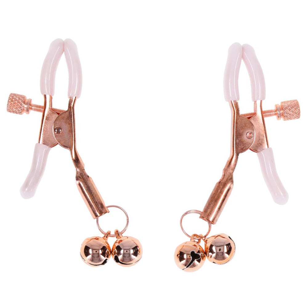 Sex & Mischief Peaches n CreaMe Bell Nipple Clamps - Peach/Rose Gold Nipple Clamps with Bells - Set of 2-SS10211