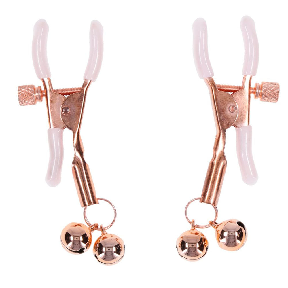 Sex & Mischief Peaches n CreaMe Bell Nipple Clamps - Peach/Rose Gold Nipple Clamps with Bells - Set of 2-SS10211