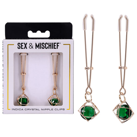 Sex & Mischief Indica Crystal Nipple Clips - Gold Nipple Clips with Emerald Gems-SS10218
