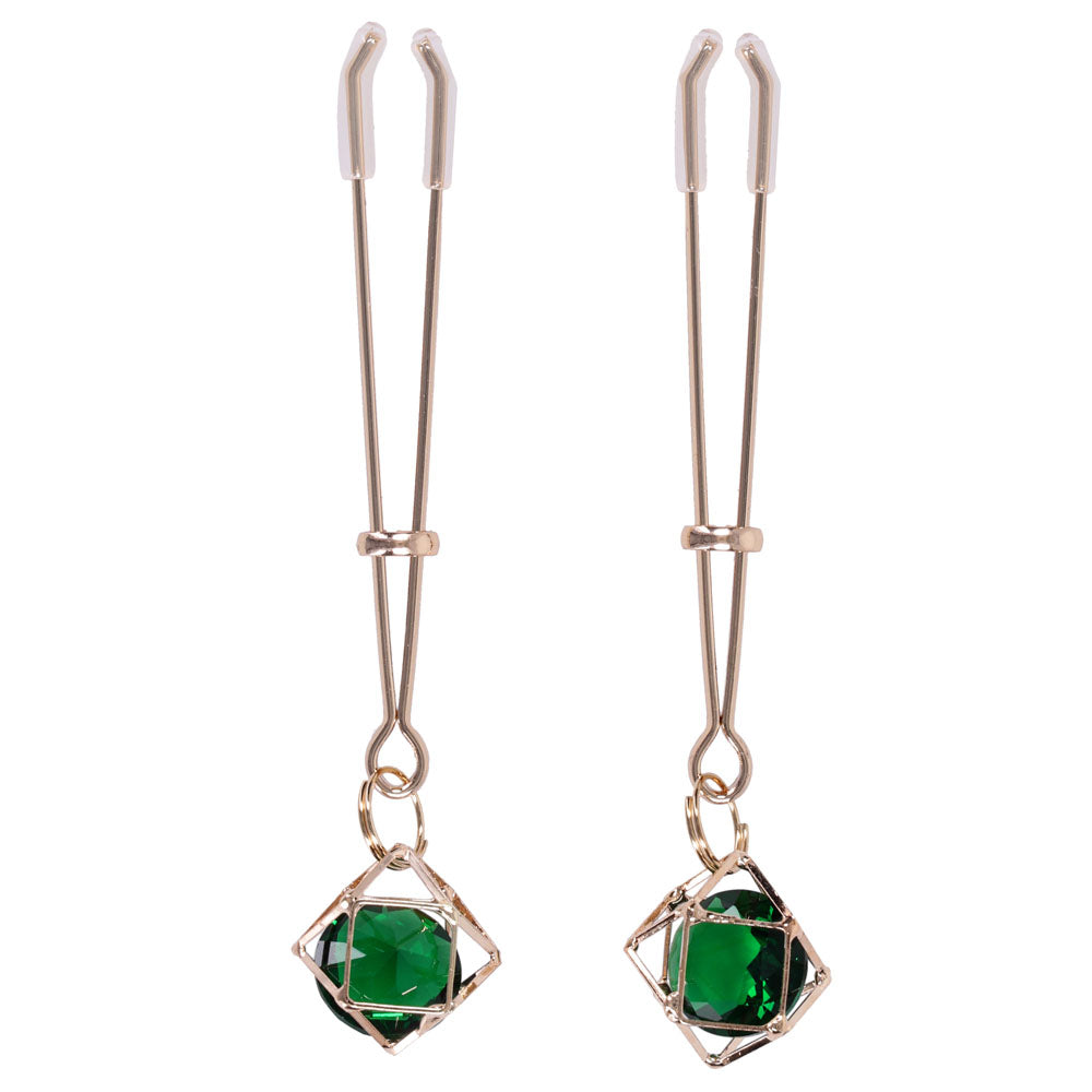 Sex & Mischief Indica Crystal Nipple Clips - Gold Nipple Clips with Emerald Gems-SS10218