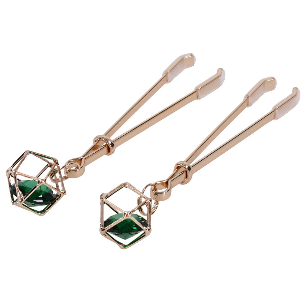 Sex & Mischief Indica Crystal Nipple Clips - Gold Nipple Clips with Emerald Gems-SS10218
