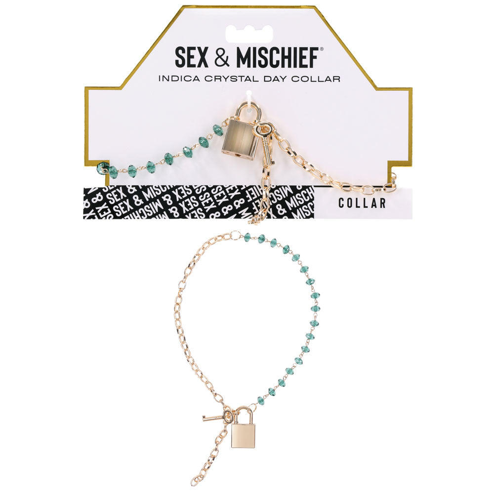 Sex & Mischief Indica Crystal Day Collar - Gold/Emerald Lockable Collar-SS10222