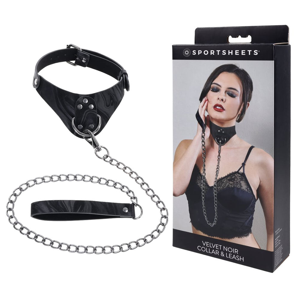 SPORTSHEETS Velvet Noir Collar & Leash - Black Restraint & Leash-SS37002