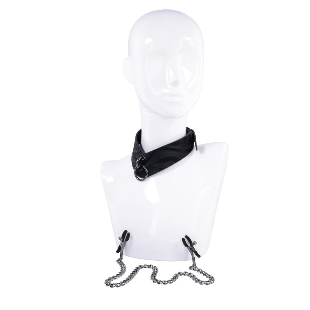 SPORTSHEETS Velvet Noir Collar & Removable Clamps - Black Neck & Nipple Restraints-SS37004