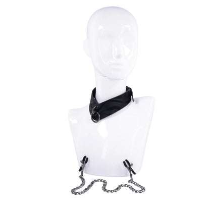 SPORTSHEETS Velvet Noir Collar & Removable Clamps - Black Neck & Nipple Restraints-SS37004