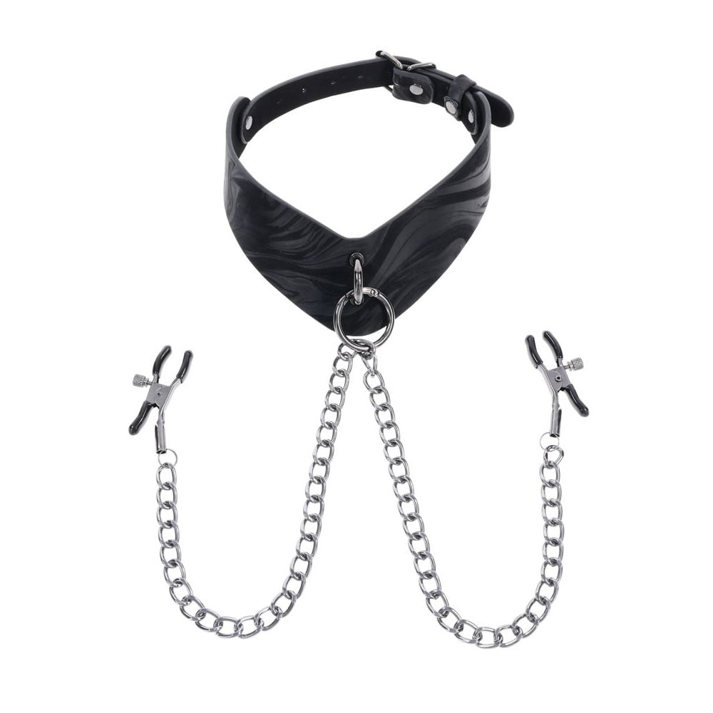 SPORTSHEETS Velvet Noir Collar & Removable Clamps - Black Neck & Nipple Restraints-SS37004