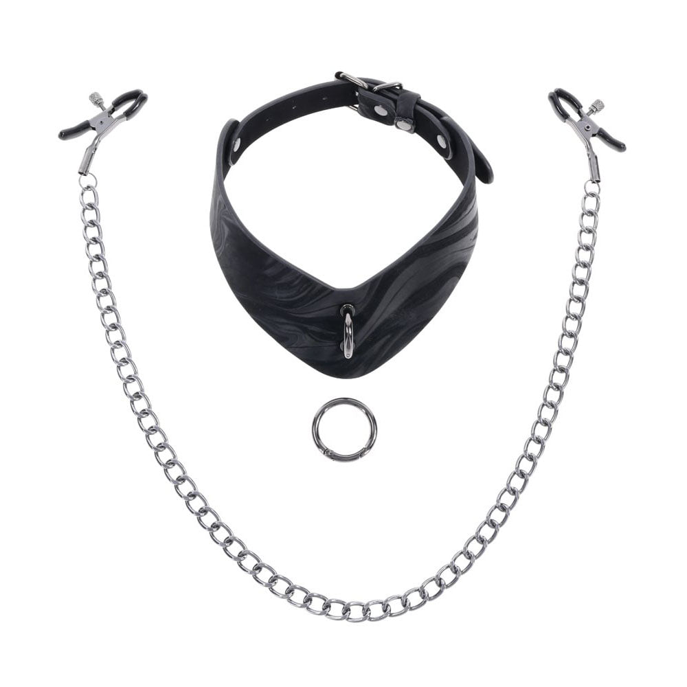 SPORTSHEETS Velvet Noir Collar & Removable Clamps - Black Neck & Nipple Restraints-SS37004